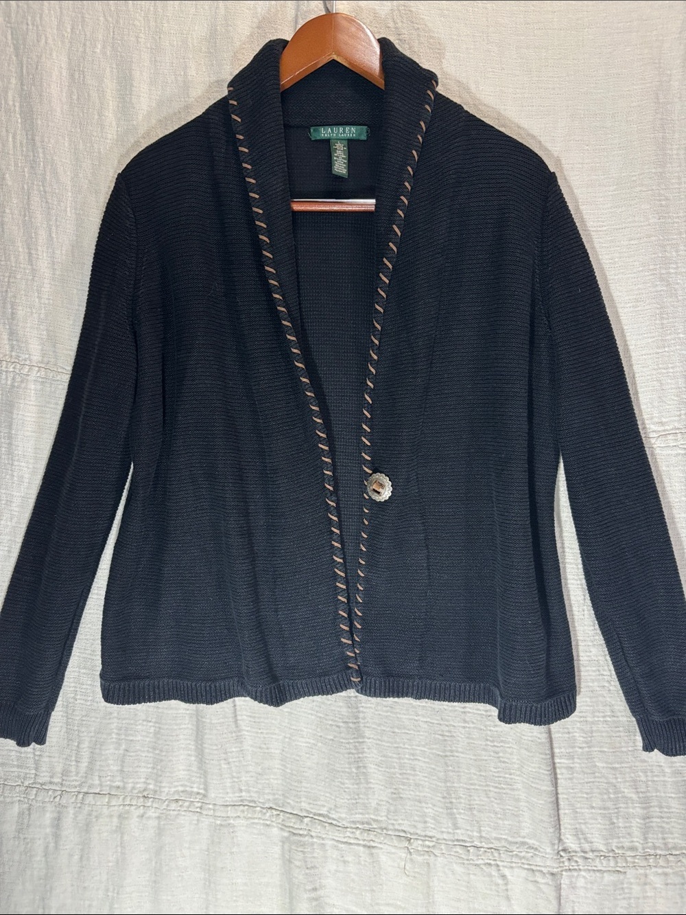 Lauren Ralph Lauren Black Cardigan with Tan Whipstitch Trim Linen Cotton Blend - Picture 1 of 10
